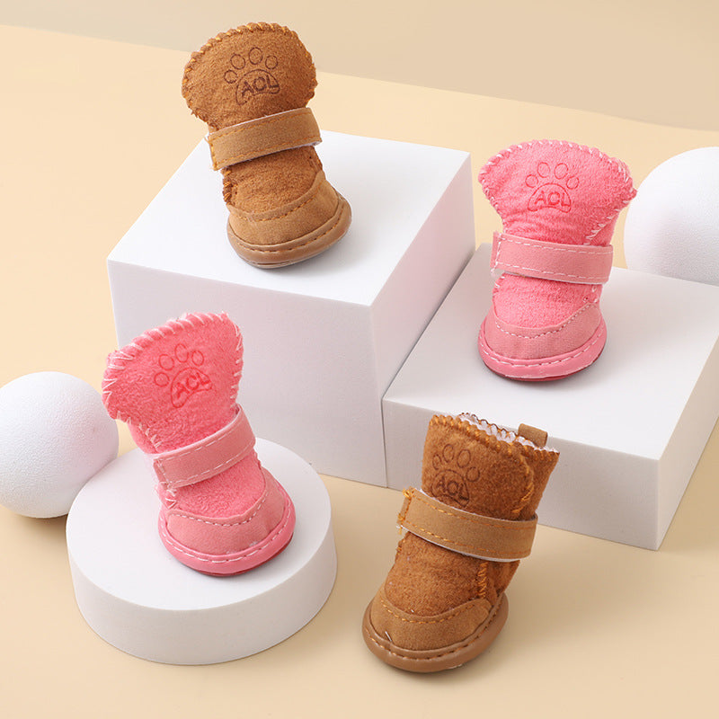 Warm cotton dog shoes with elastic cuffs for small dogs in Pink, side view
