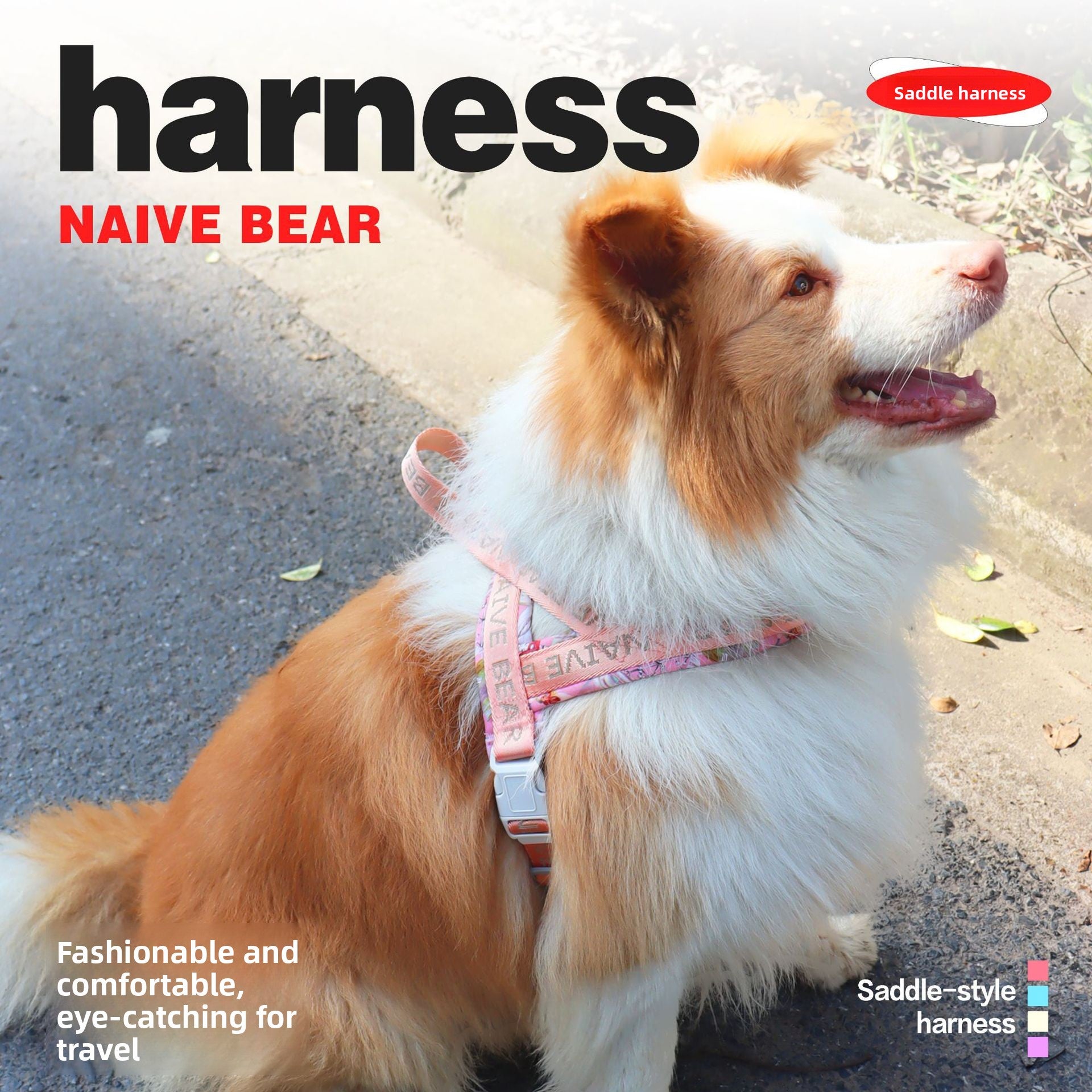 Saddle dog harnesses in pink orange, khaki and lavender prints