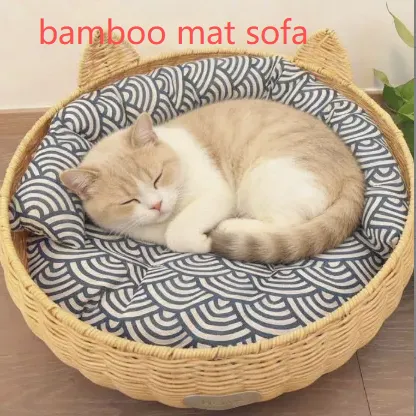 Brown rattan woven pet bed with blue cushion for cats, view 22