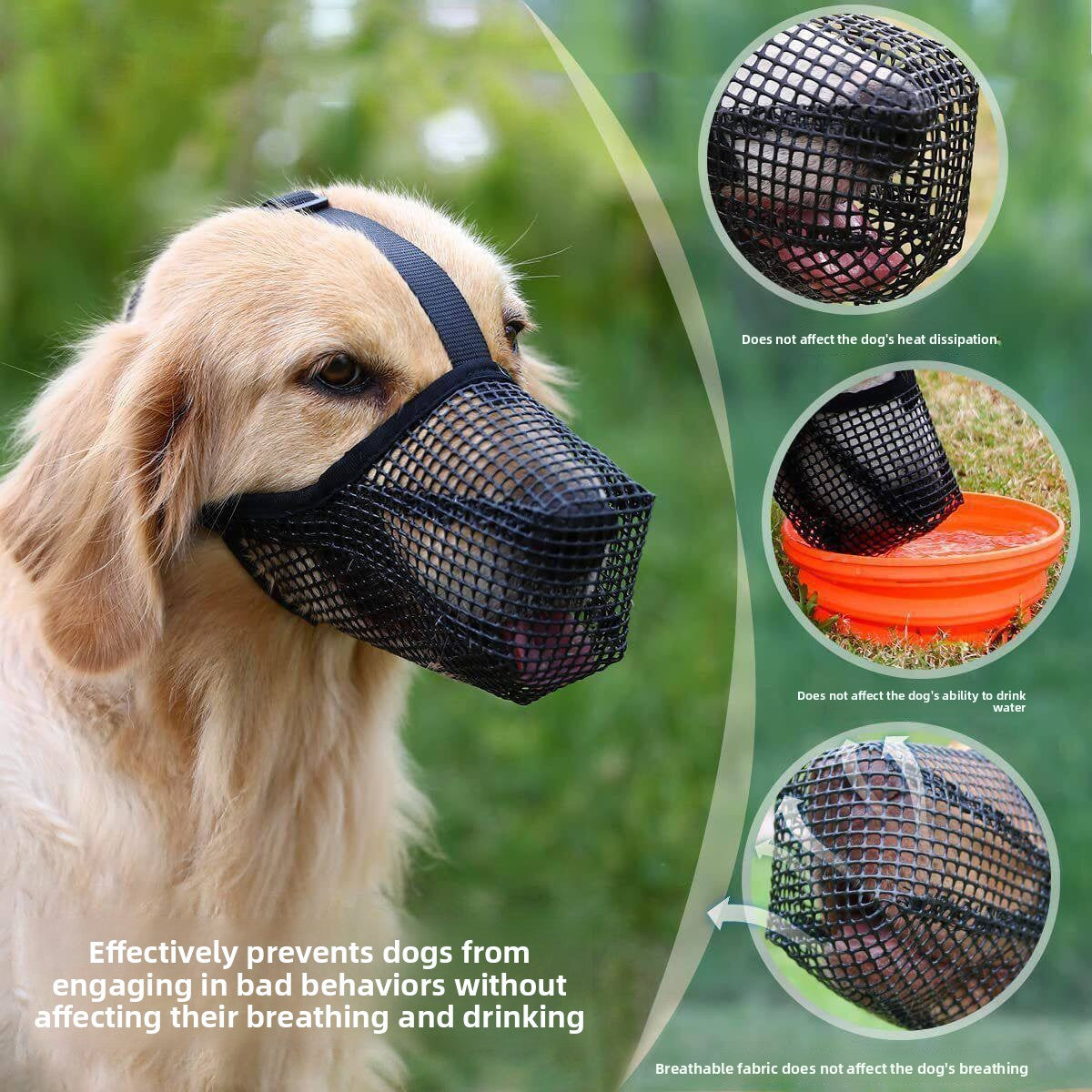 Black breathable nylon mesh dog muzzle with adjustable strap, product image 3