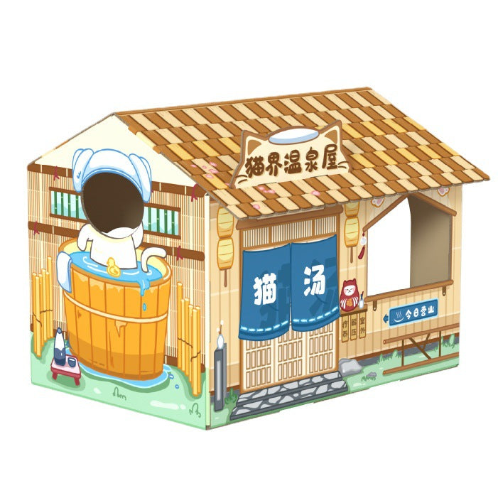 Corrugated cardboard cat house with coffee shop front design, view 5