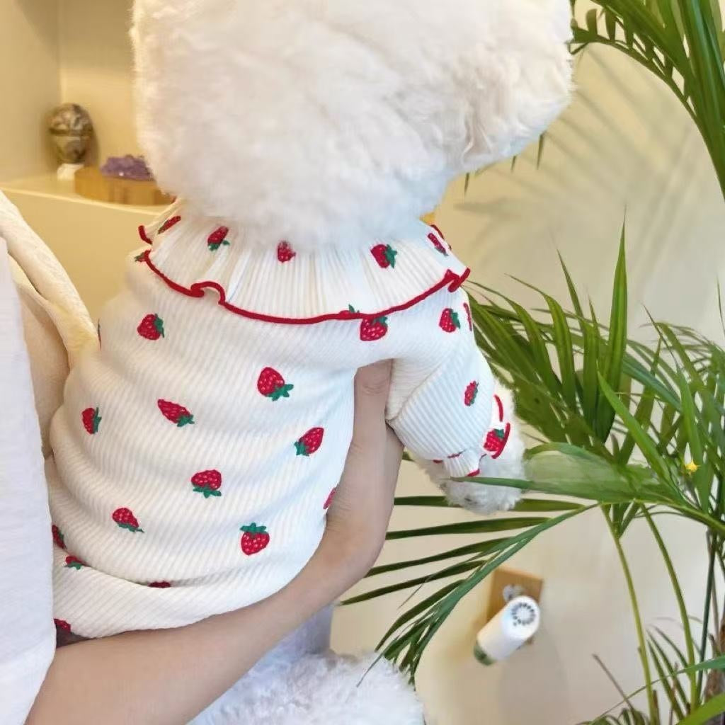 Strawberry print pet T-shirts in white and pink