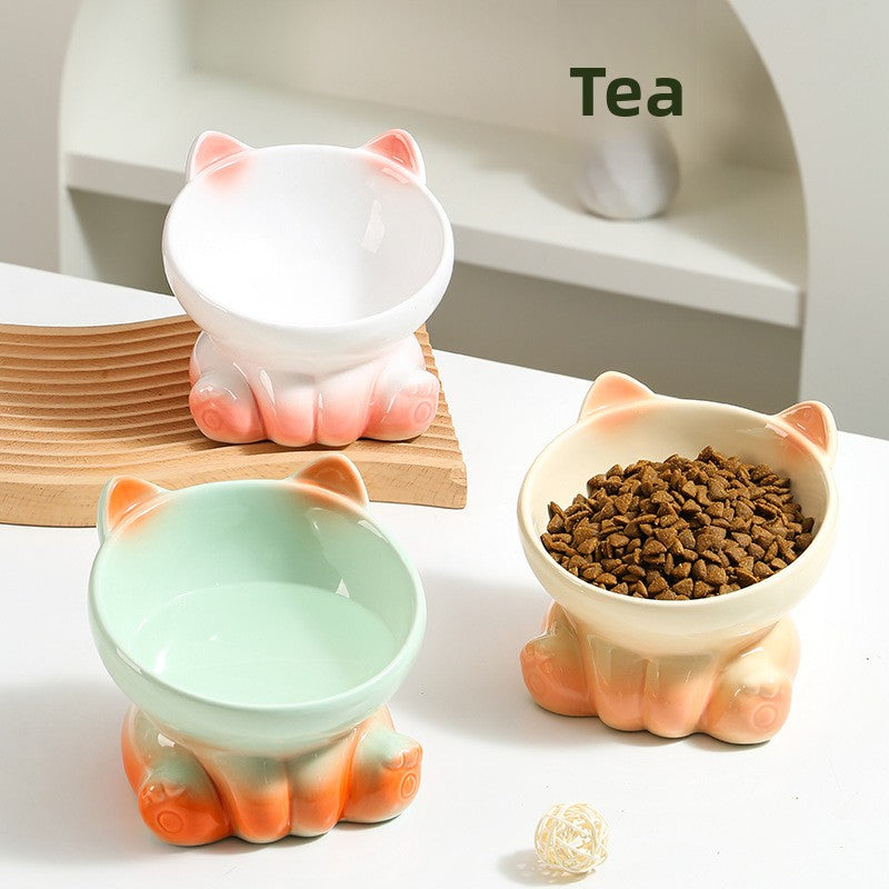 Ceramic Cat Bowl with Angled Mouth and Reaching Hand Designs, Easy-Clean Pet Food Dish