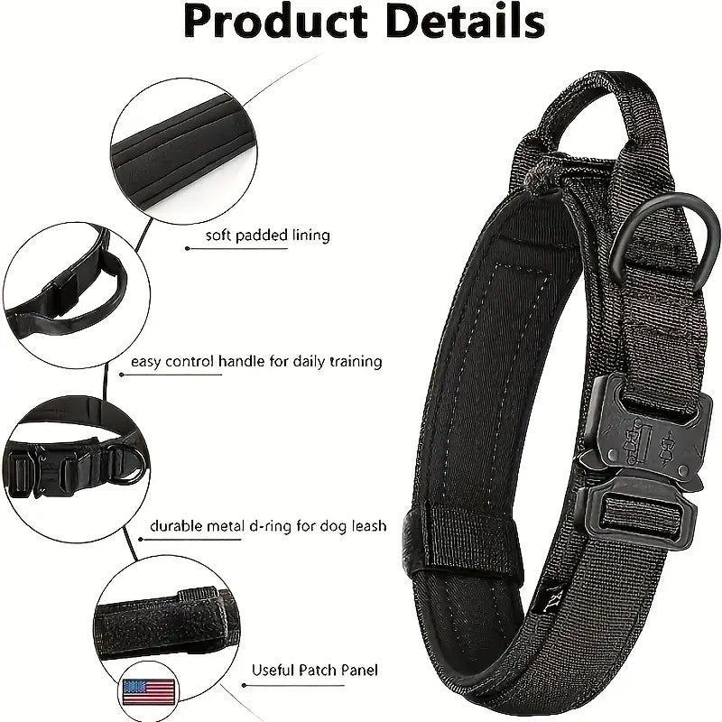 Tactical nylon dog collar with handle and reflective trim in black