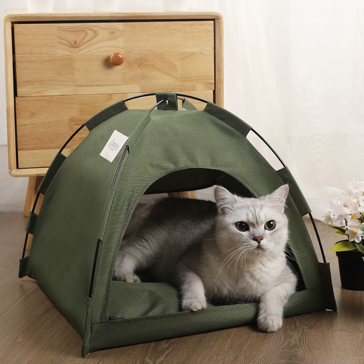 Army green semi enclosed pet tent bed for cats, view 1