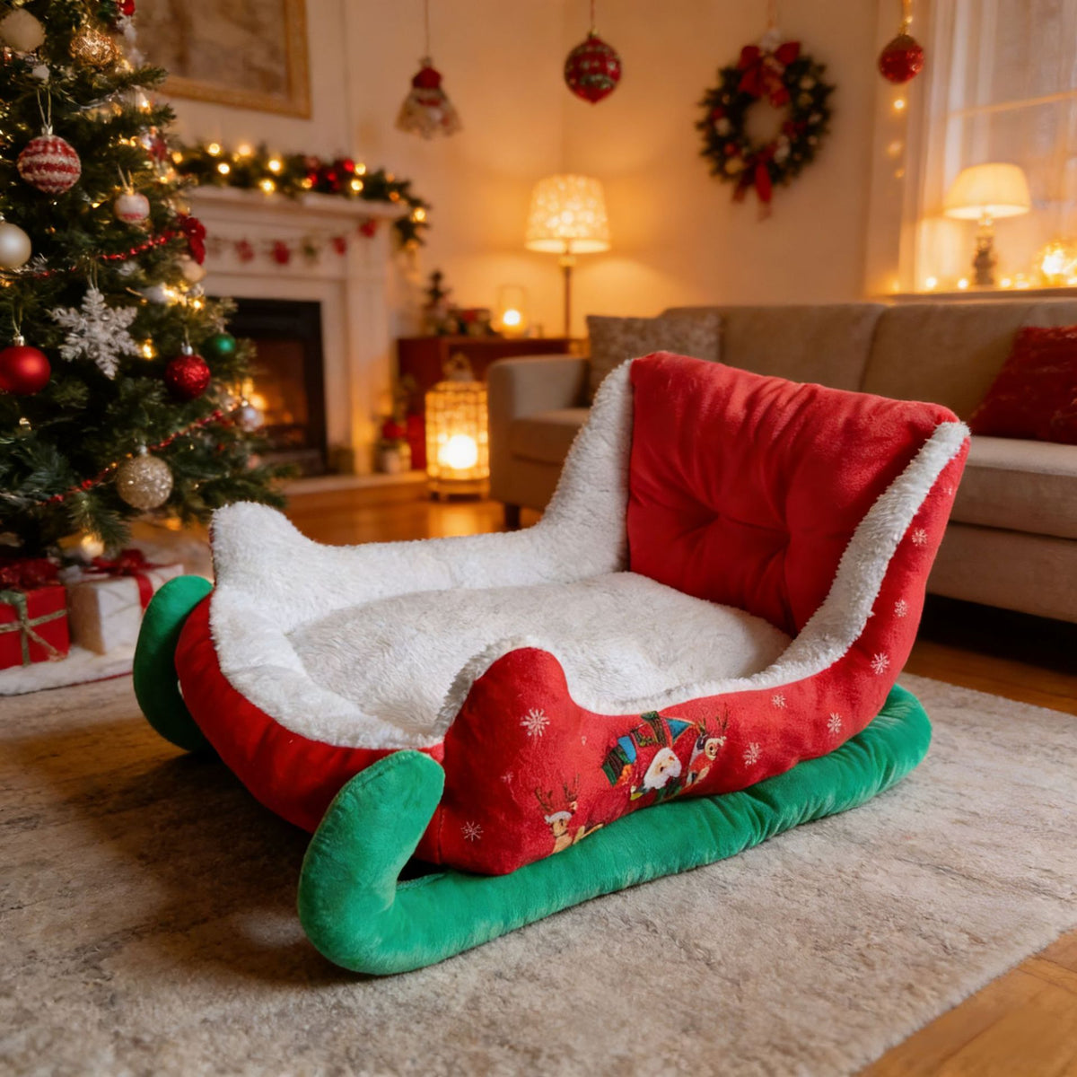 Small dog sleeping in a festive sleigh pet bed for winter