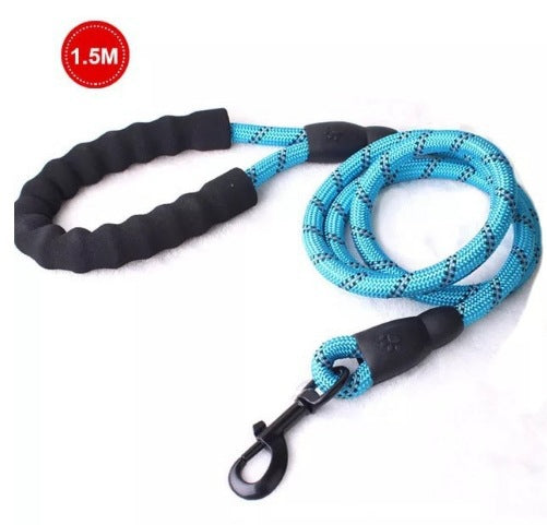 Burst proof dog harness shown in bright colours with round rope lead