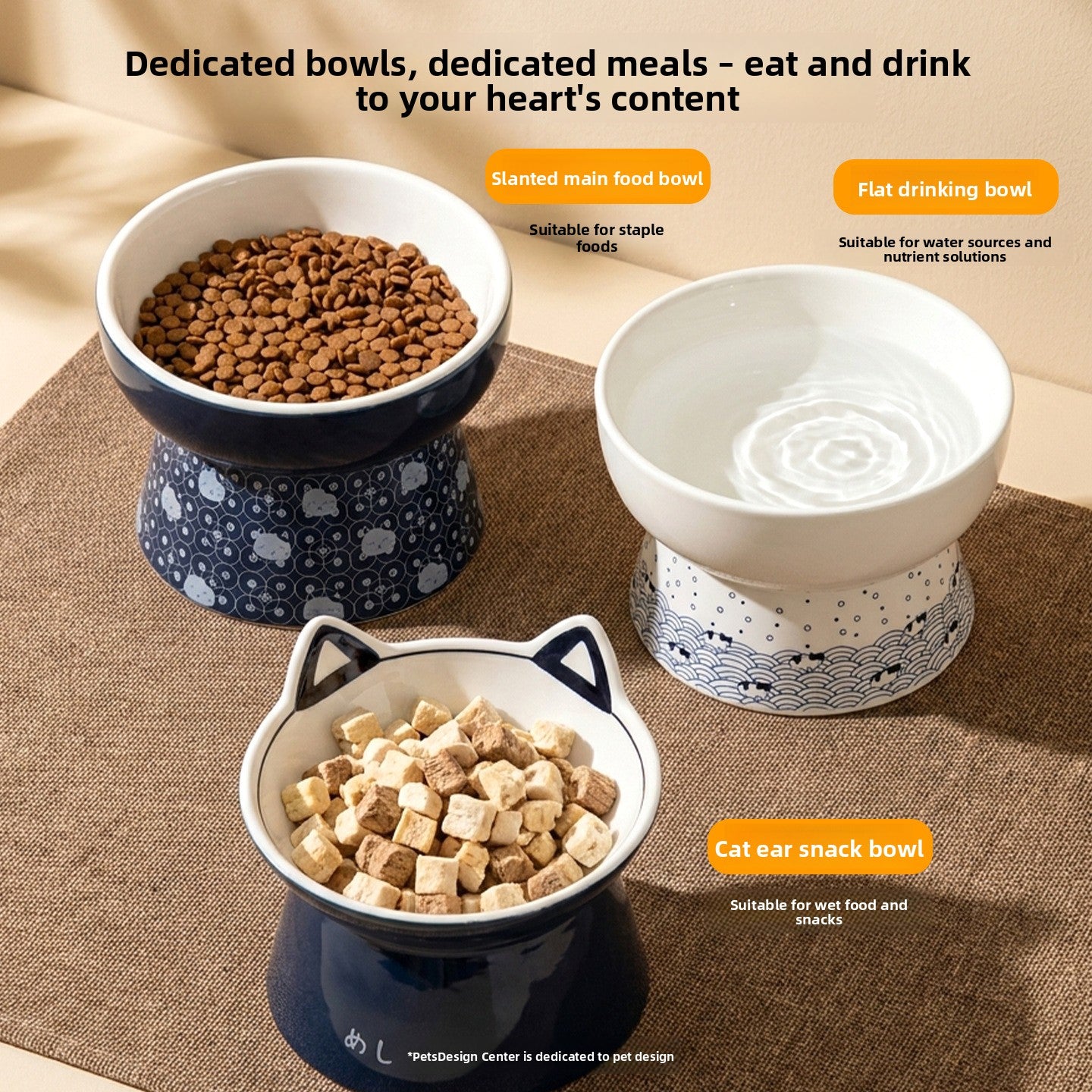 Ceramic Pet Bowl in Cat Head, Slanted or Flat Water Styles with Anti-Knock Stable Base