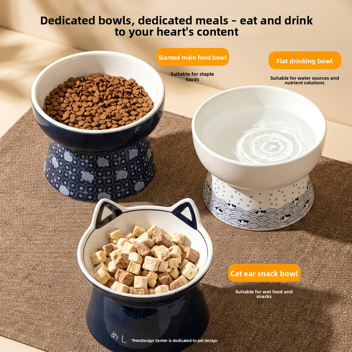 Ceramic Pet Bowl in Cat Head, Slanted or Flat Water Styles with Anti-Knock Stable Base