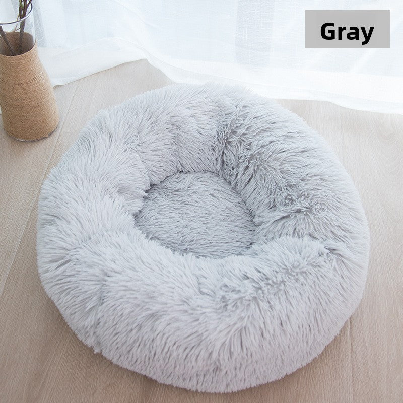 Round plush donut dog bed in light grey