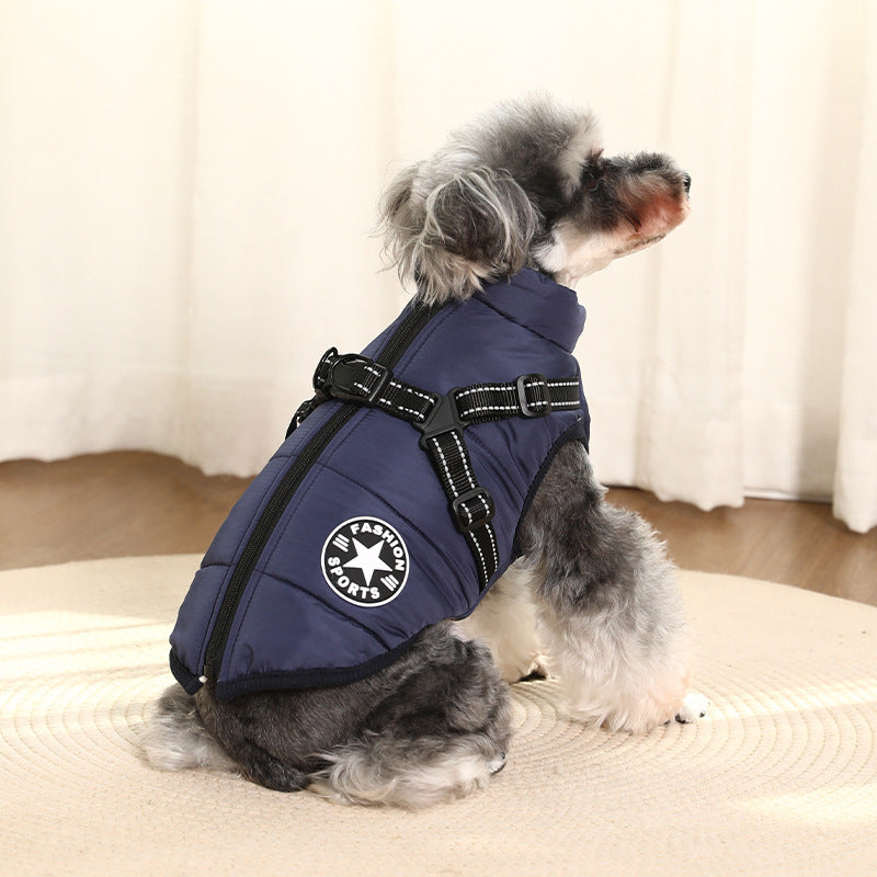 Padded cotton dog jacket with built-in lead vest in Pink, in a home setting