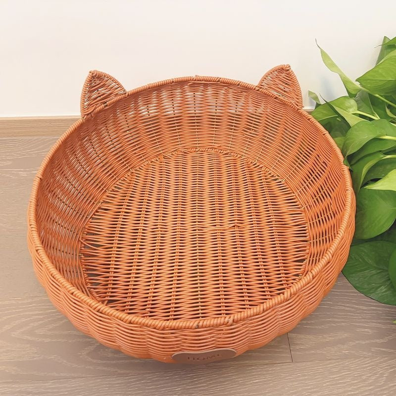 Brown rattan woven pet bed with blue cushion for cats, view 30