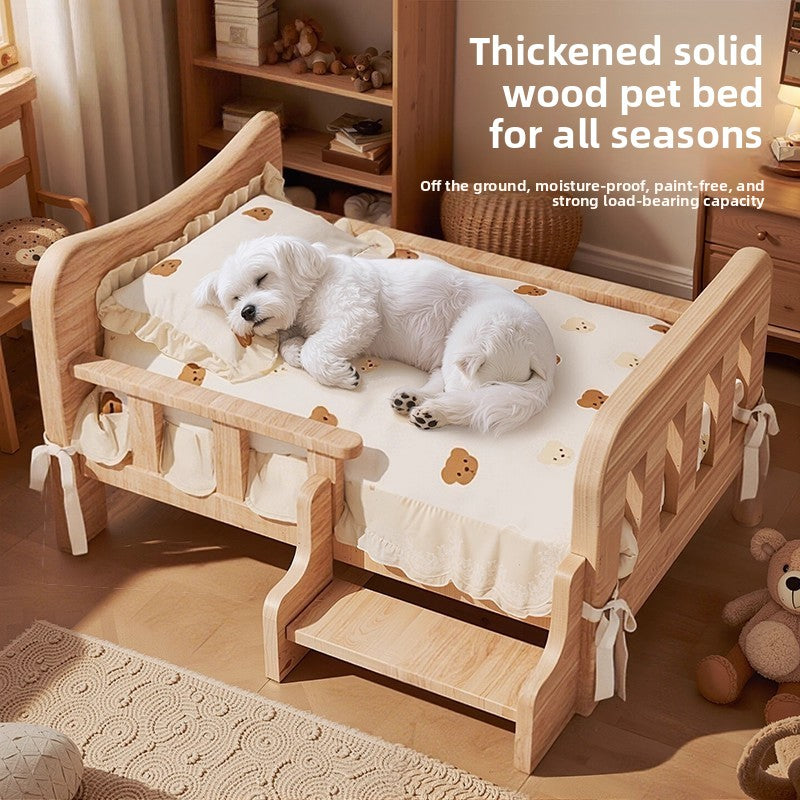 Solid Wood Raised Dog Bed, Elevated Kennel with Mat Option