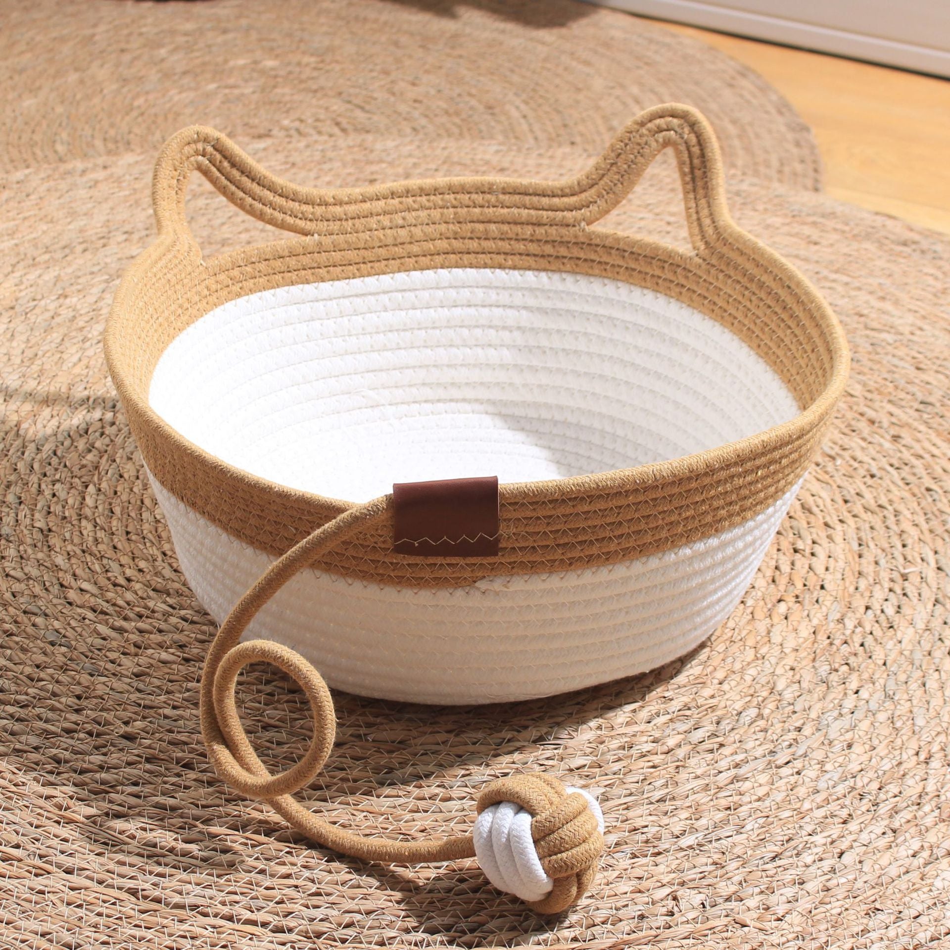 Caramel rattan and cotton rope cat bed with play ball, view 14