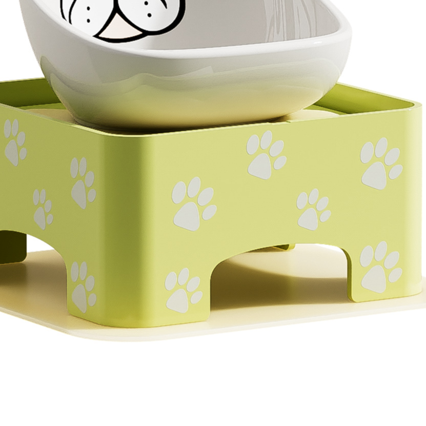 Adjustable Height and Tilt Ceramic Pet Bowl with Anti-Spill Rim and Paw Print Design