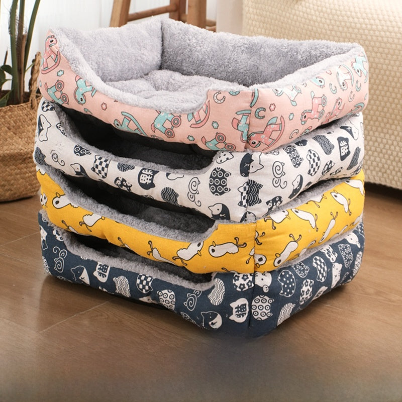Waterproof cotton linen pet bed mat with blue lucky cat print for dogs