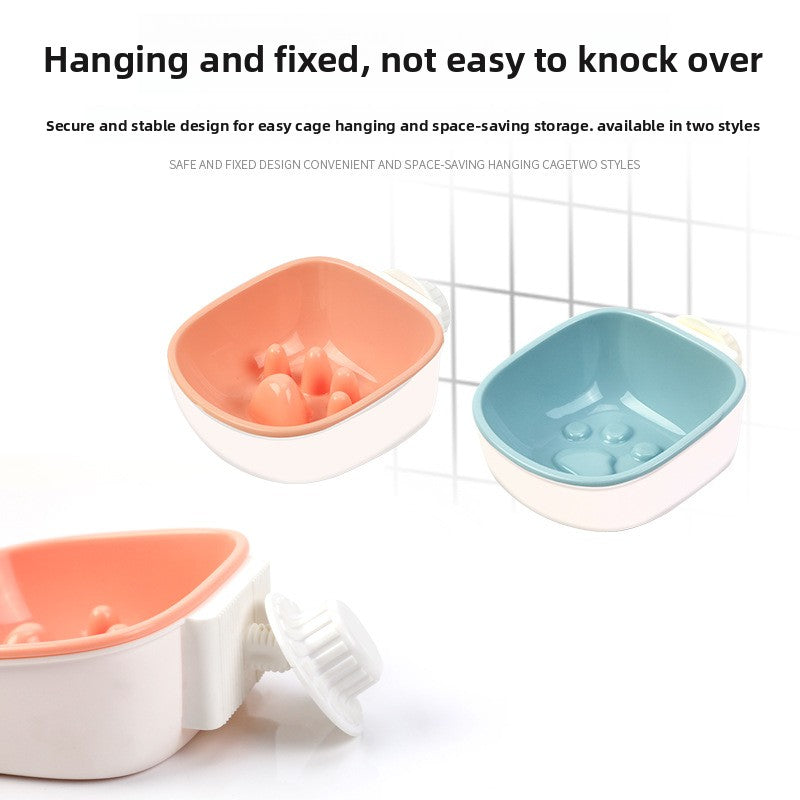 Blue hanging slow feeder pet bowl clipped to a crate, photo 3
