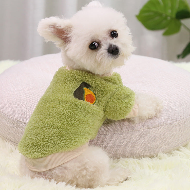 Small dog in an avocado print cotton velvet top