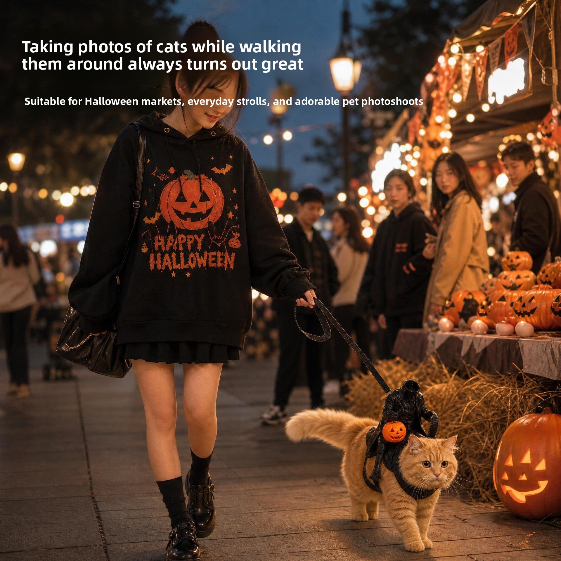 Cat dressed as a headless horseman with a pumpkin lantern