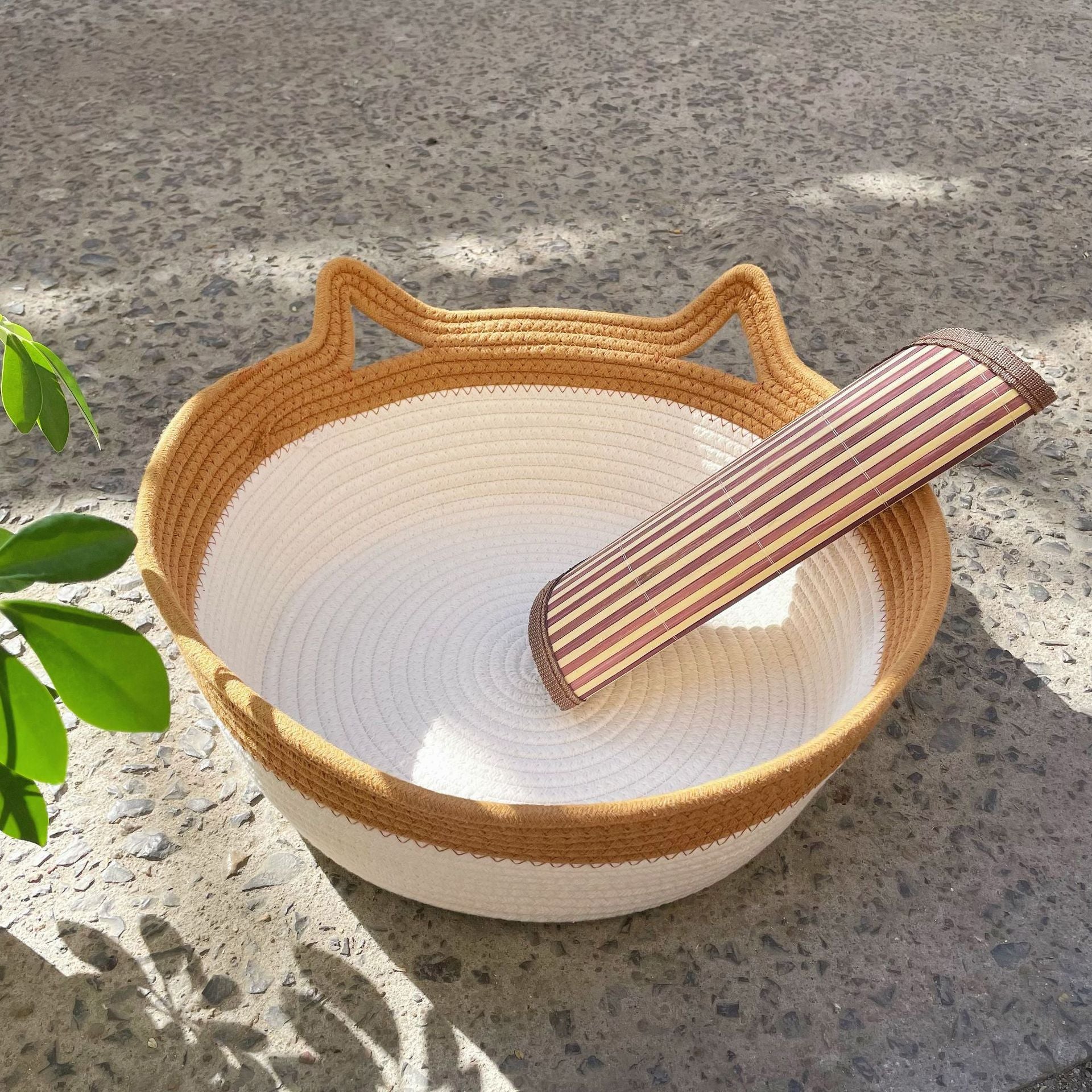 Woven rattan cat bed with cat ears and toy ball, view 49