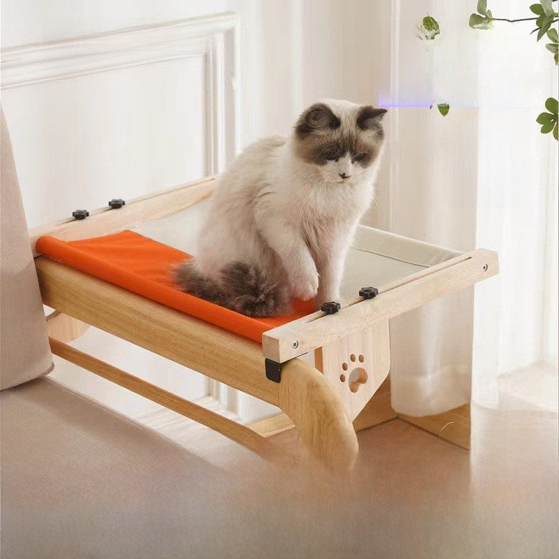 Solid wood cat hammock bed with soft grey cushion, product image 1