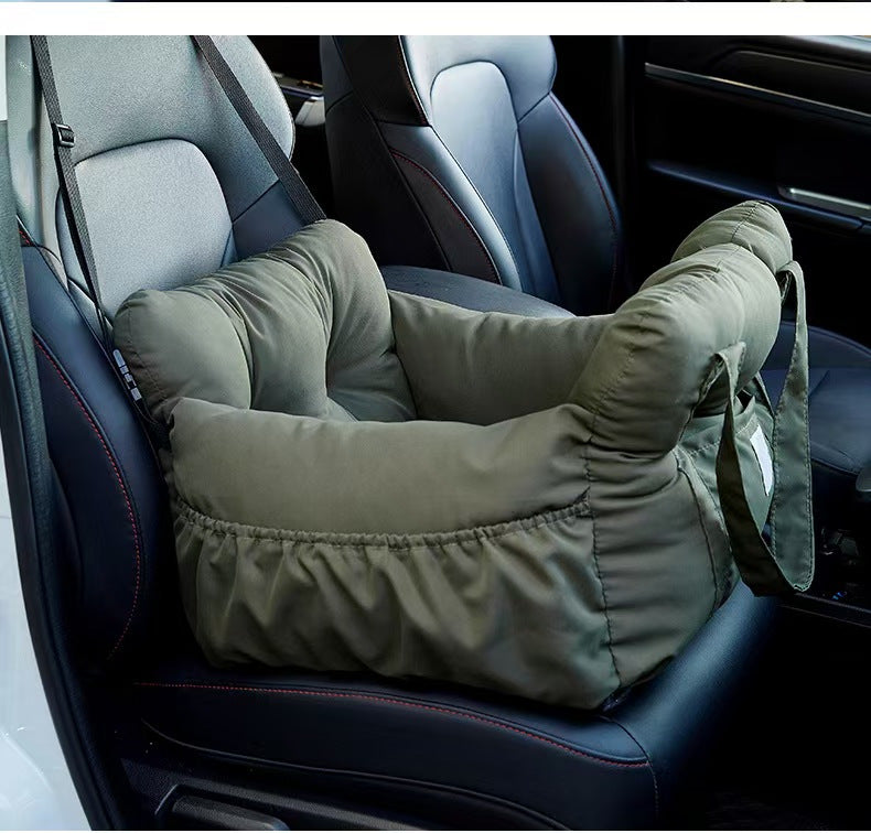 Dark grey padded dog car booster seat bed with strap, view 17