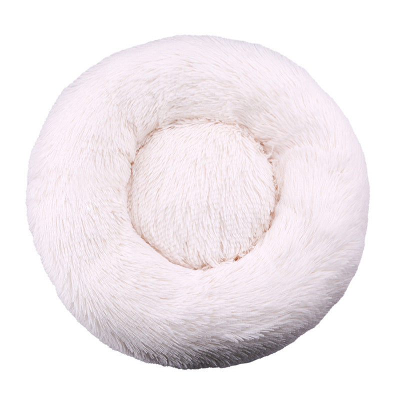 Round long plush nest bed for cats and dogs in White