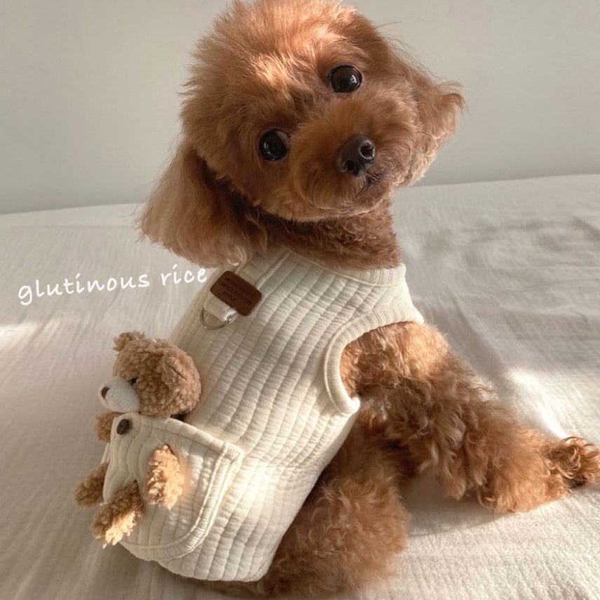 Cotton pet vest with 3D teddy bear pocket in Printed, showing size and shape