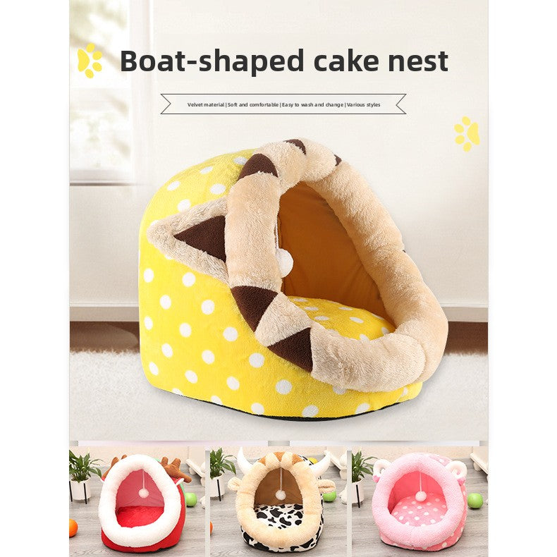 Semi-enclosed washable cat bed with cute animal print design, photo 3