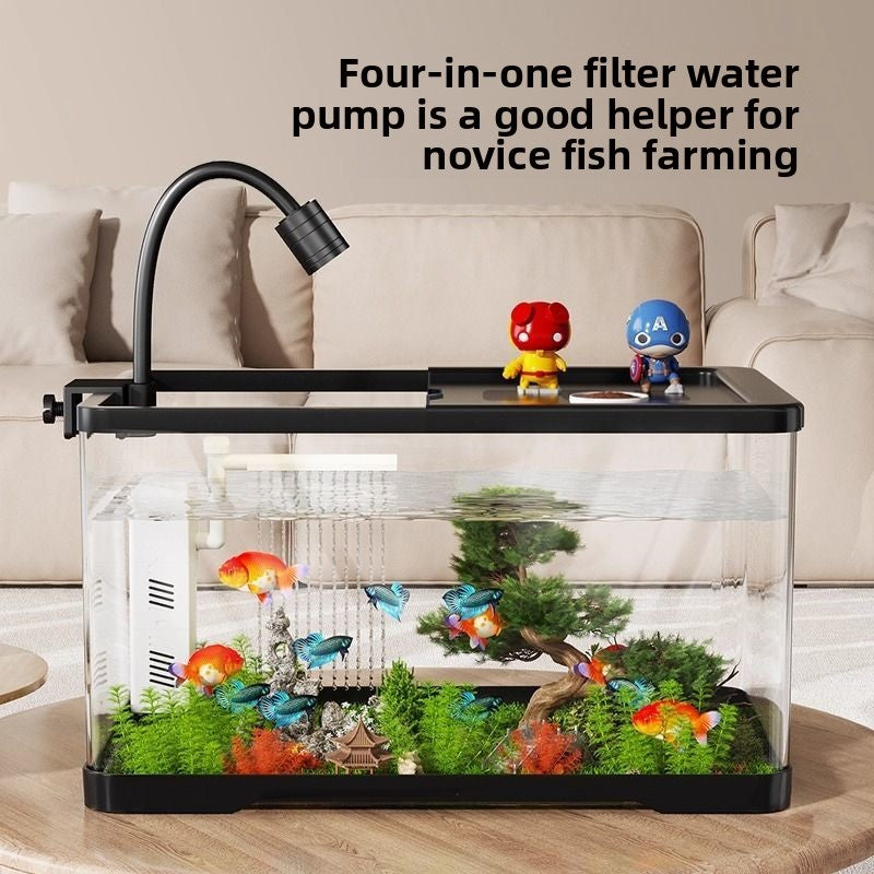 Small desktop plastic fish tank with clear cover and air pump, view 2