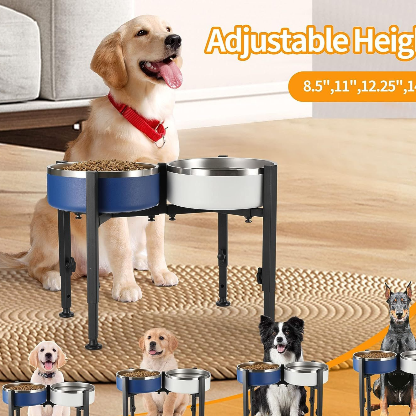 Adjustable Carbon Steel Elevated Dog Bowl Stand with Anti-Slip Base, Single or Double