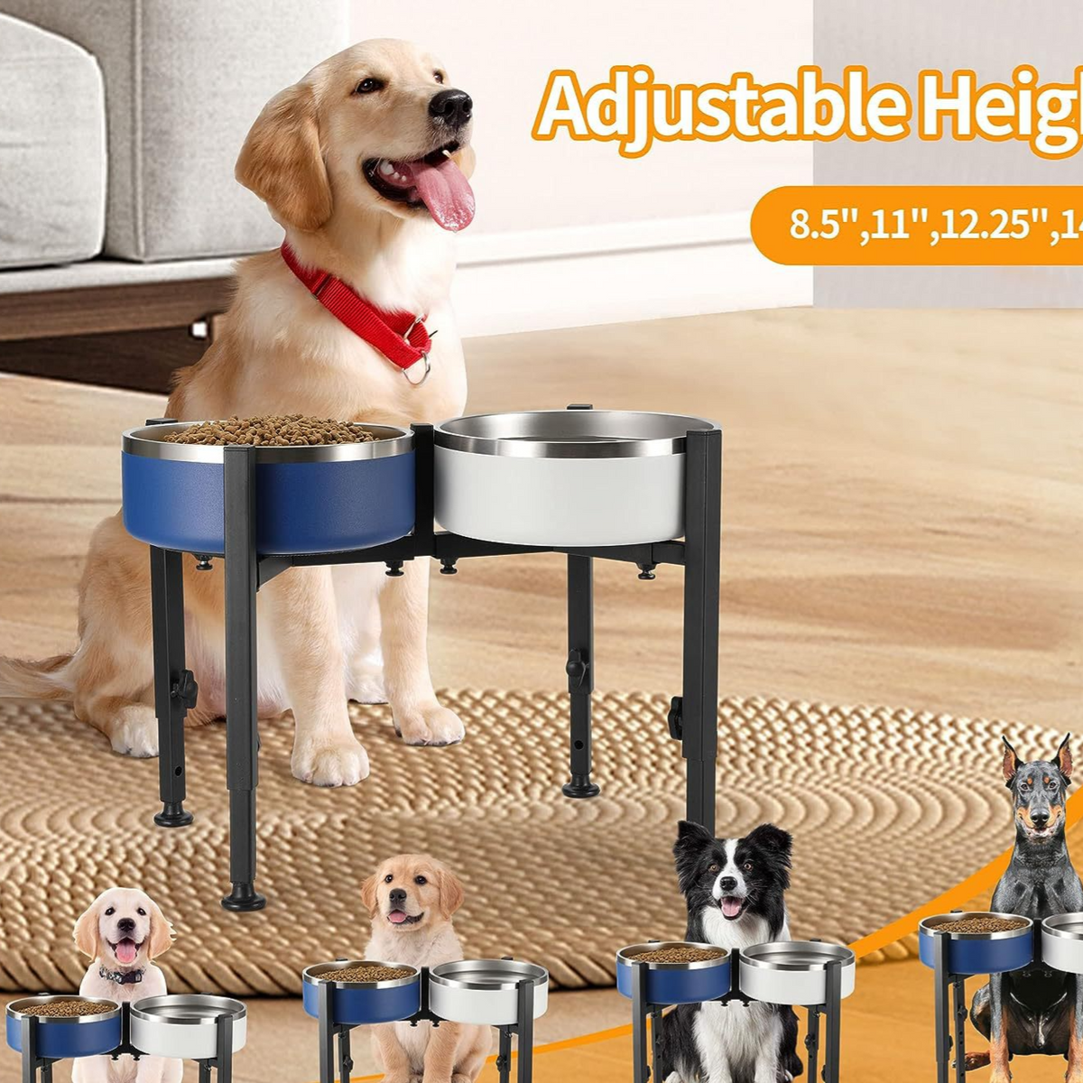 Adjustable Carbon Steel Elevated Dog Bowl Stand with Anti-Slip Base, Single or Double