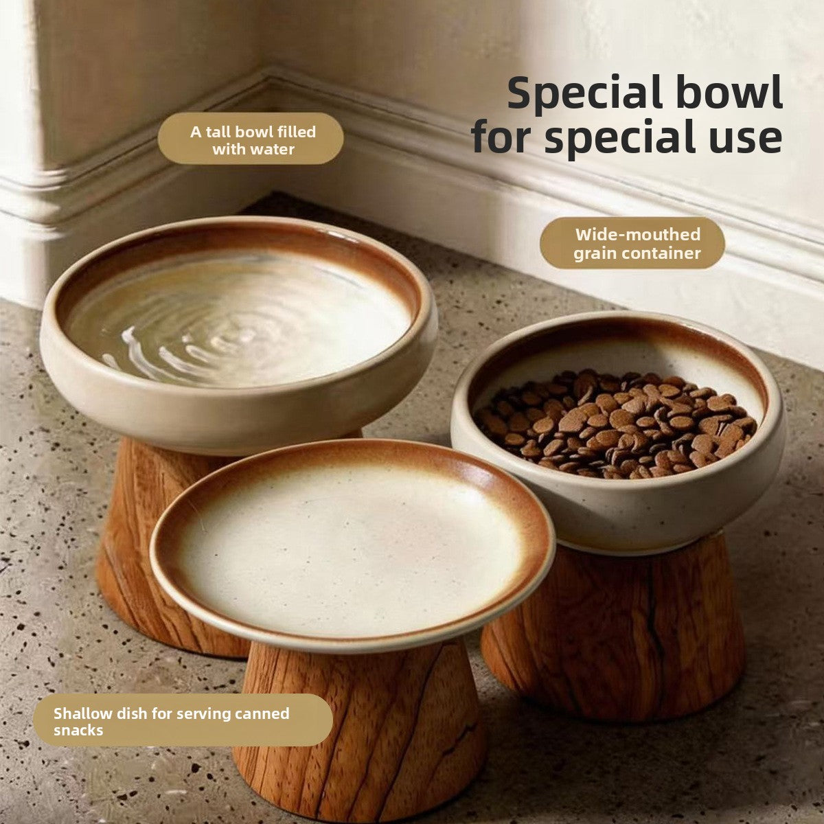 Ceramic Cat Bowl with Optional Solid Wood Stand in Tall, Wide or Shallow Dish Styles