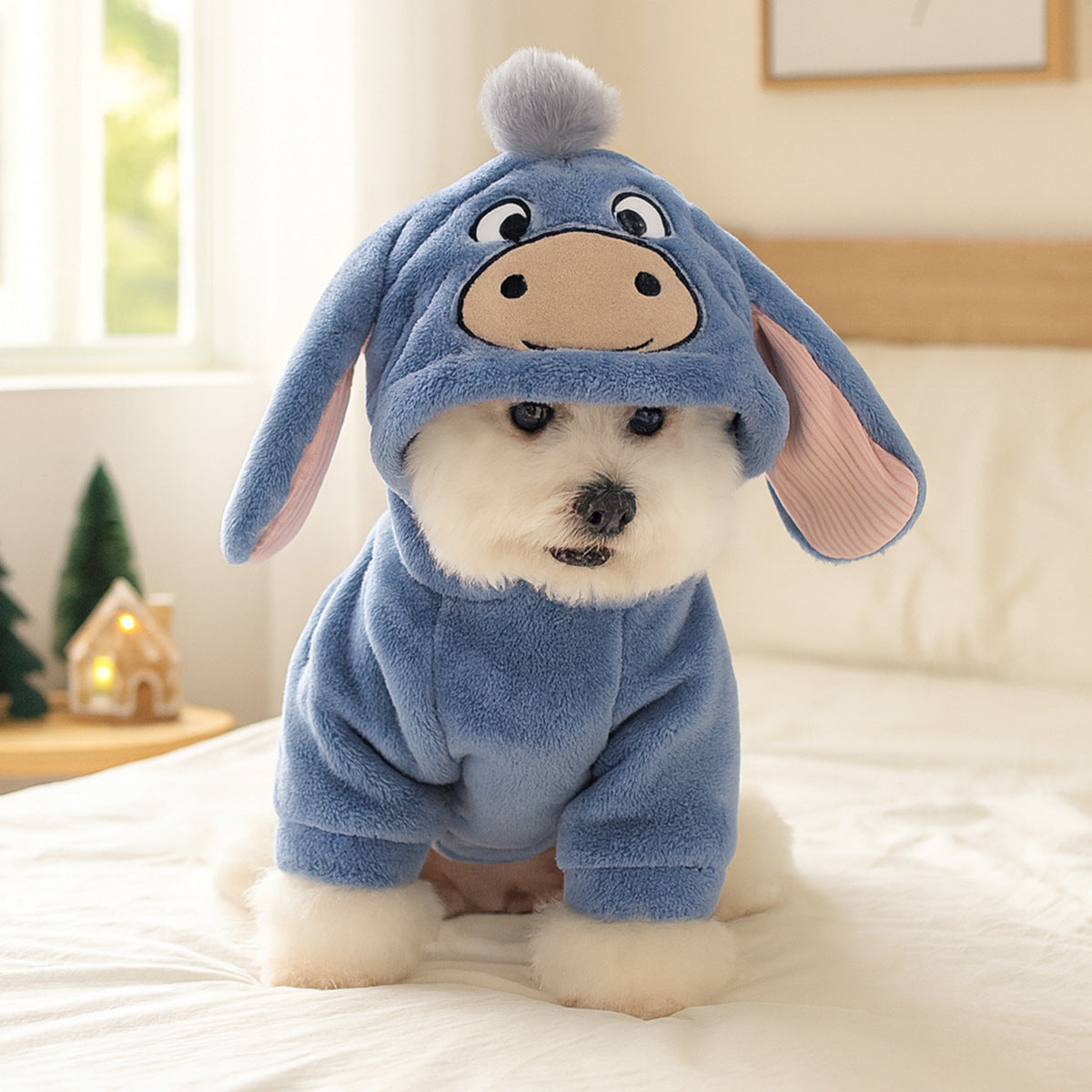 Fleece lined animal costume hoodie for dogs and cats in Little Donkey, front view
