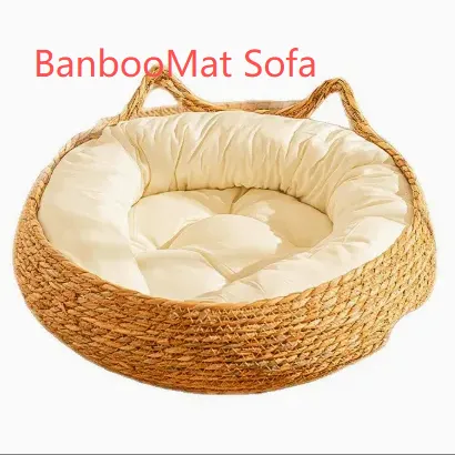 Brown rattan woven pet bed with blue cushion for cats, view 45