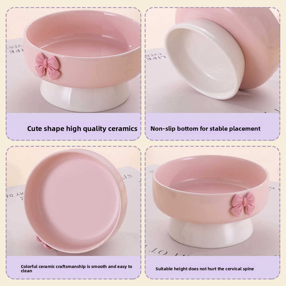 Elevated Ceramic Cat Bowl with Slanted Mouth and Cute Cartoon Design