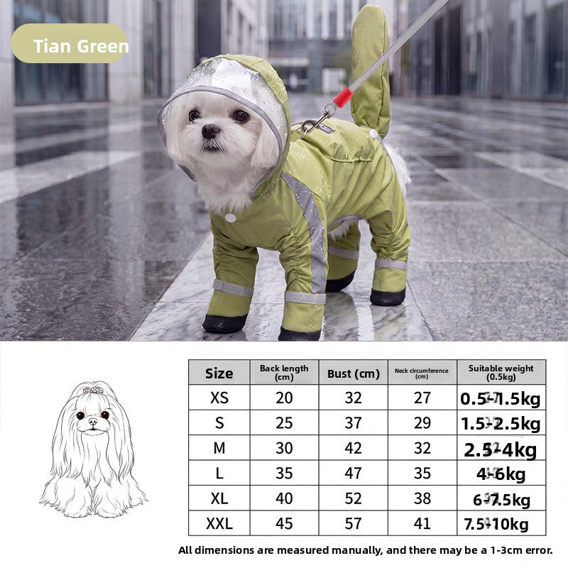 Small dog in a green hooded full cover rain poncho