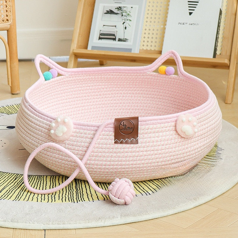 Handmade rattan cat bed with scratching board and ball