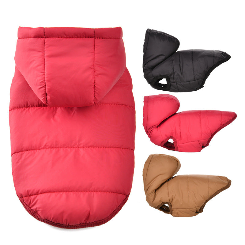 Small dog in a black hooded fleece lined vest jacket