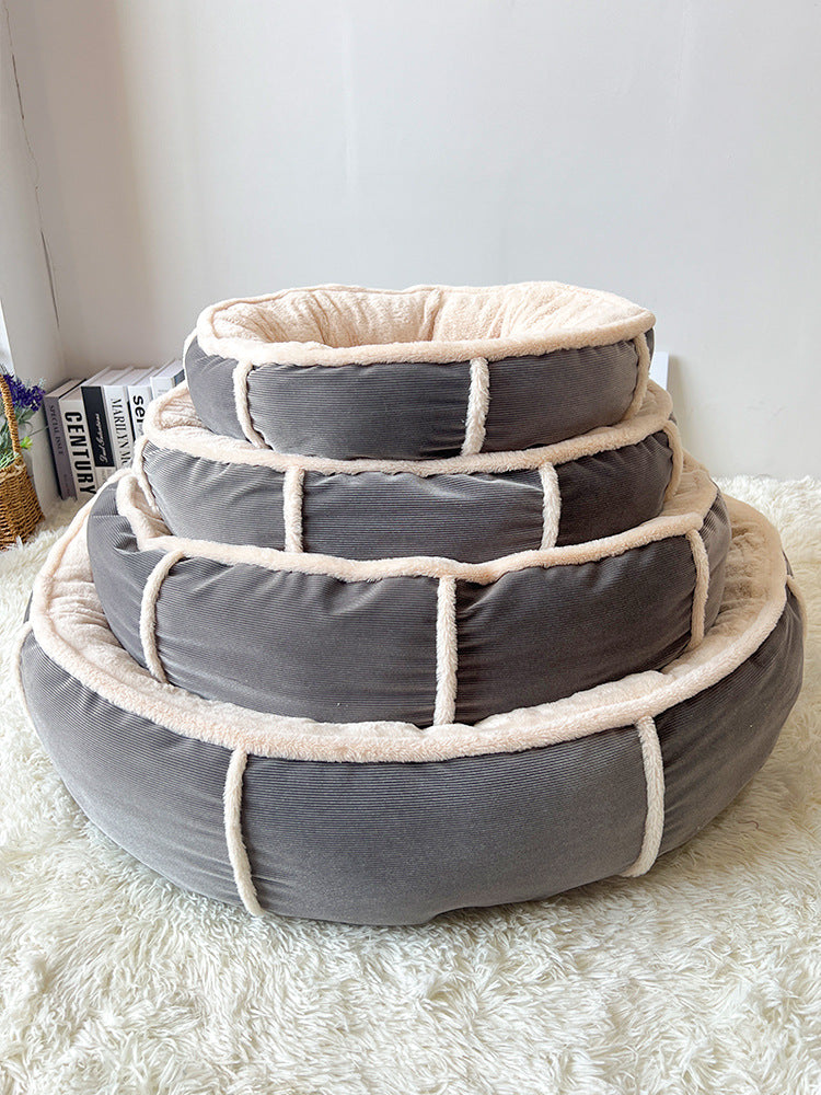 Round plush and corduroy pet bed for dogs and cats, photo 7 of 20