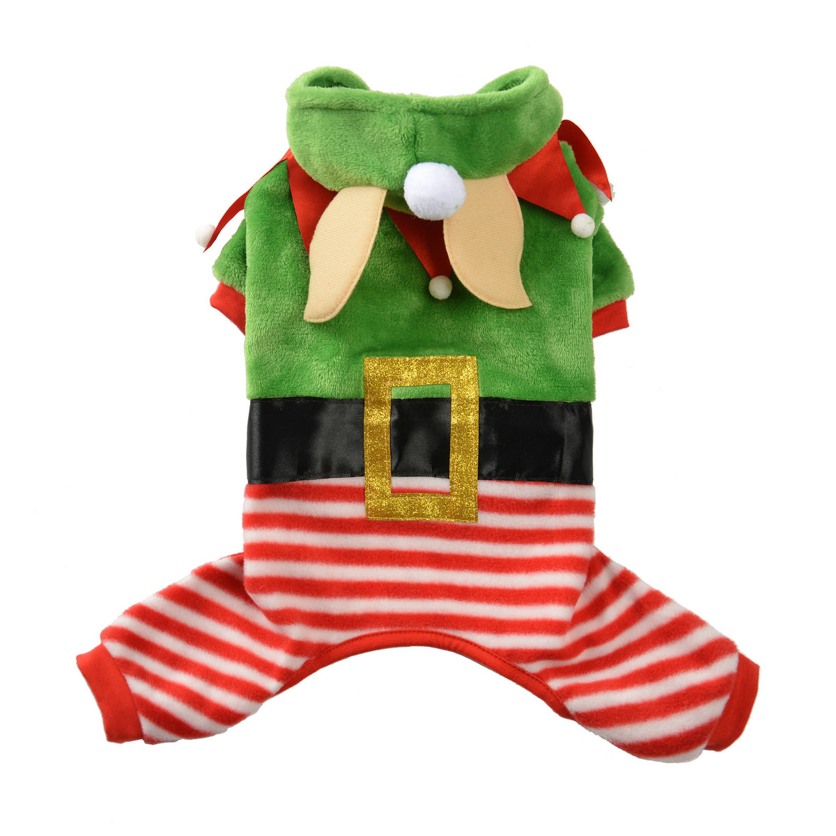 Christmas elf dog costume in soft flannel in Red, front view