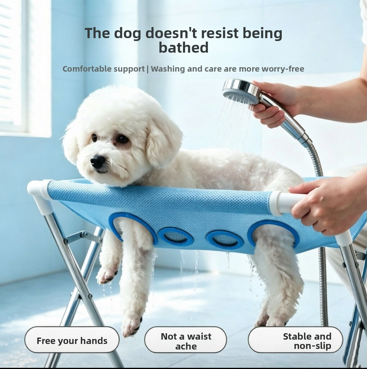 Foldable grooming hammock stand for pets, alternative angle view