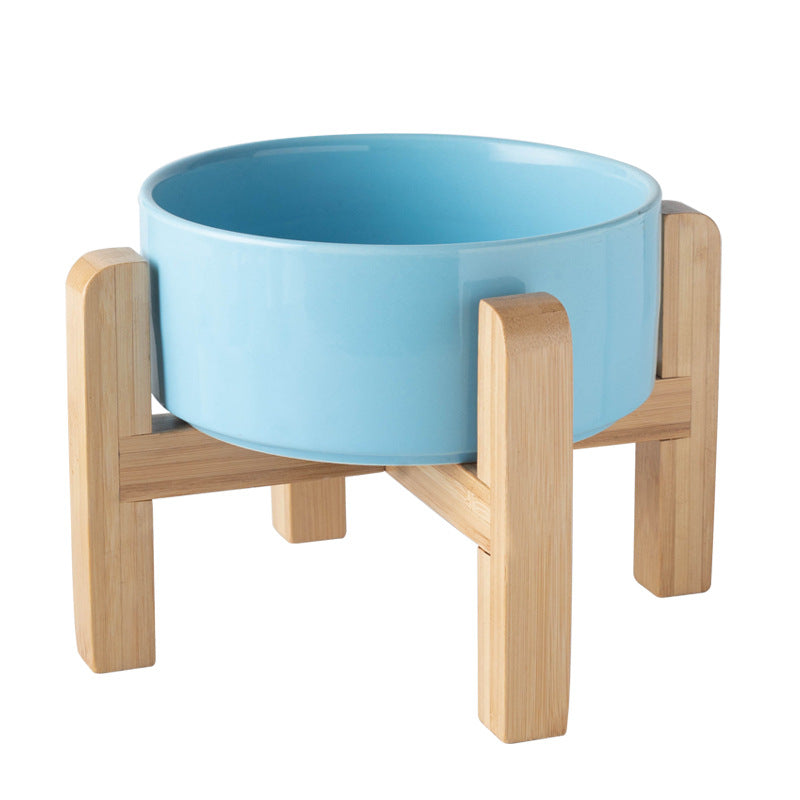 Elevated Ceramic Pet Feeding Bowl with Bamboo Stand, Anti-Spill Base in Five Colours