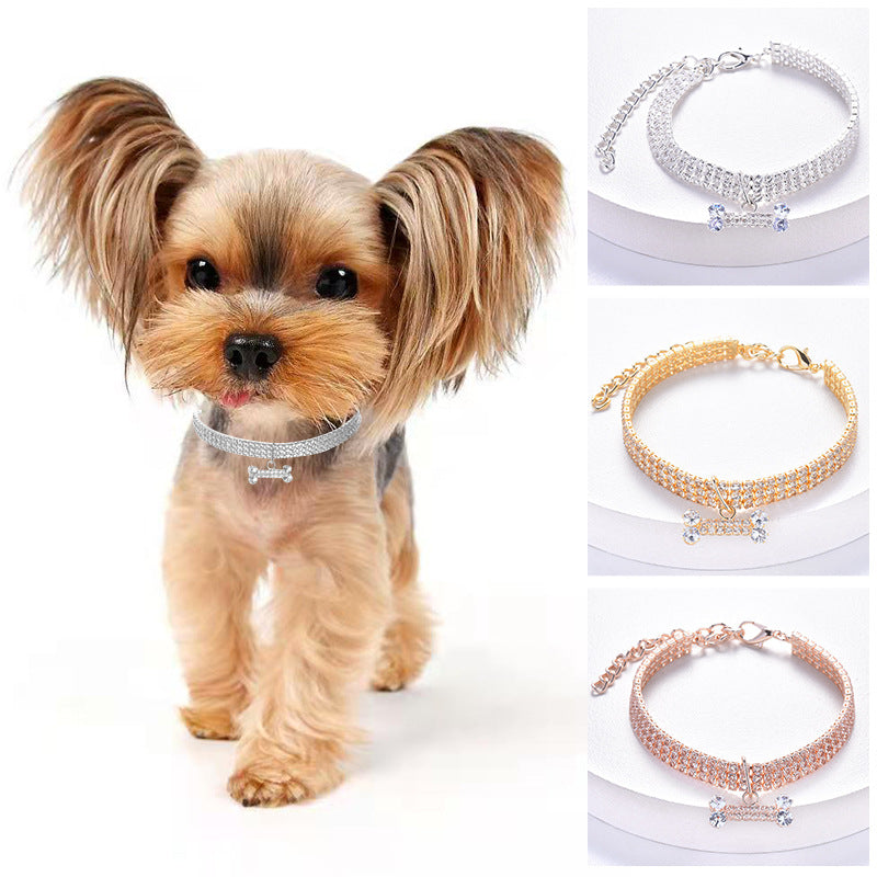 Rhinestone pet collar with bone charm in 3 colour options