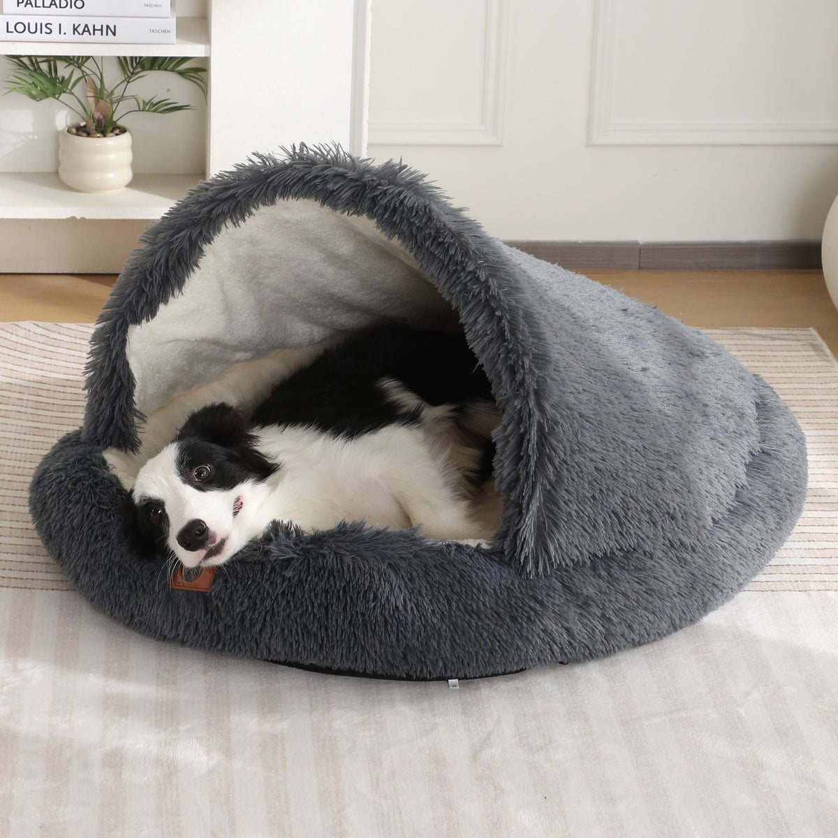 Plush enclosed cave bed for cats in gradient grey, product image 2