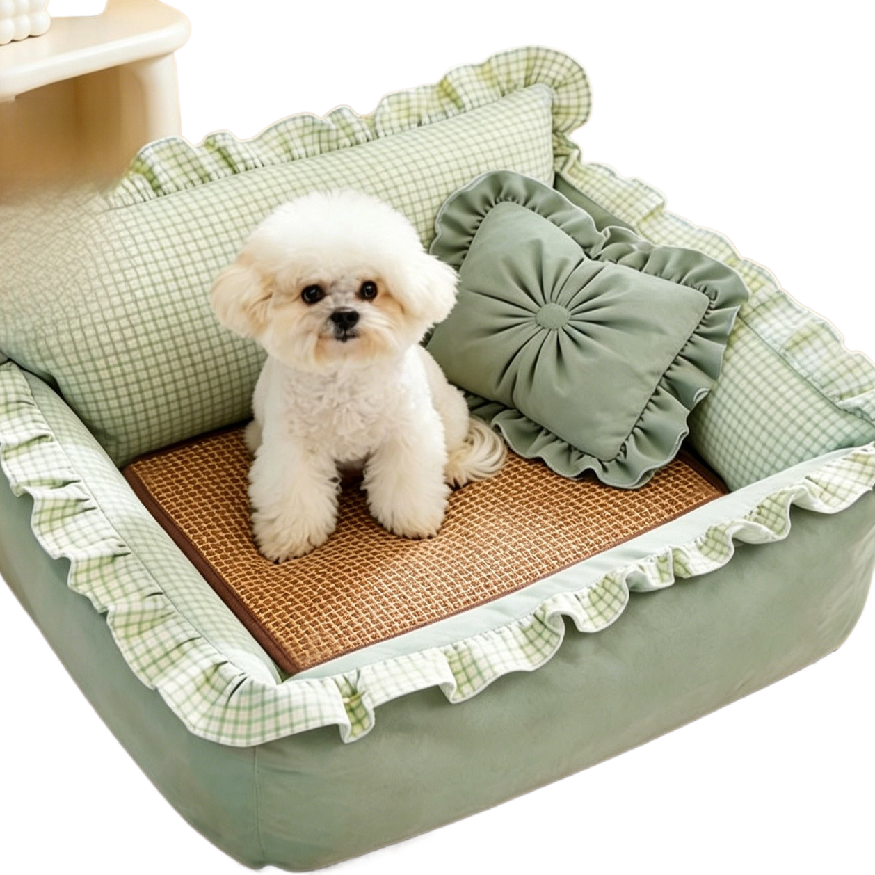 Square green washable dog bed with cooling bean mat, photo 22