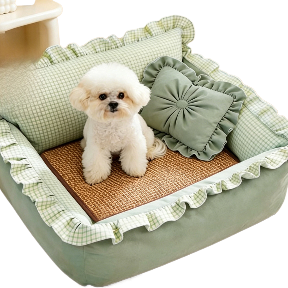 Square green washable dog bed with cooling bean mat, photo 22