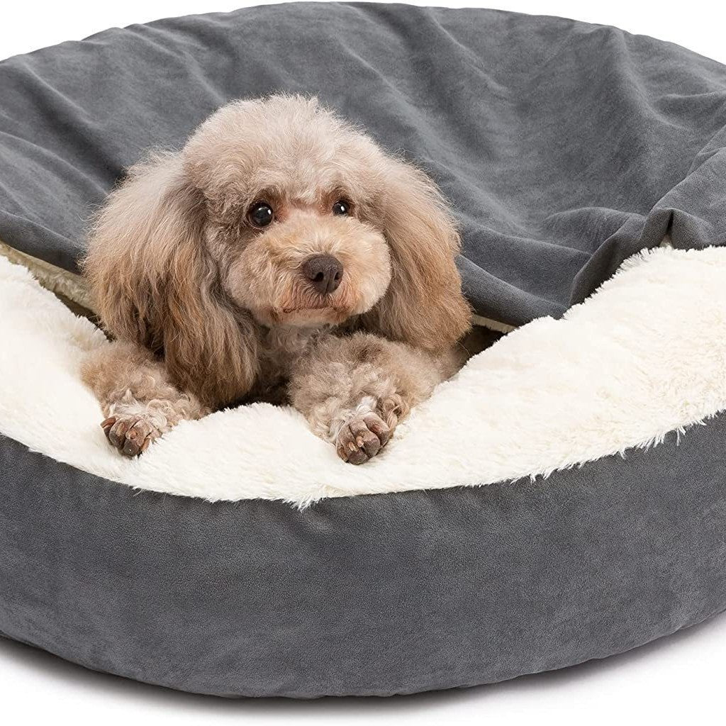 Plush pet house with removable cover and blanket, close-up detail view