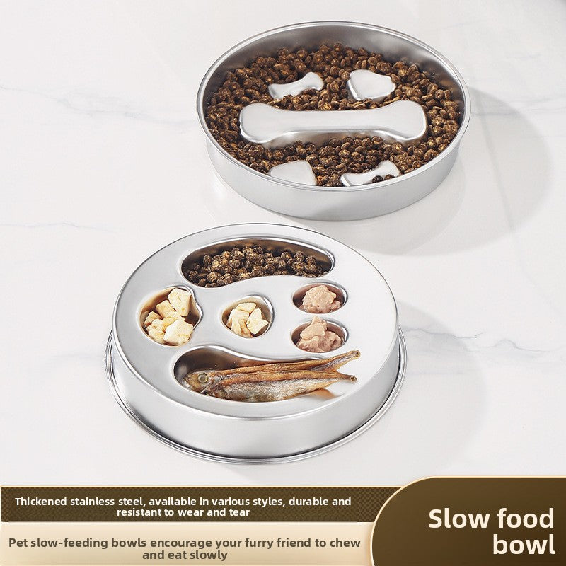 Stainless Steel Slow Feeder Pet Bowl in Bone, Claw or Fishbone Shapes with Stickers