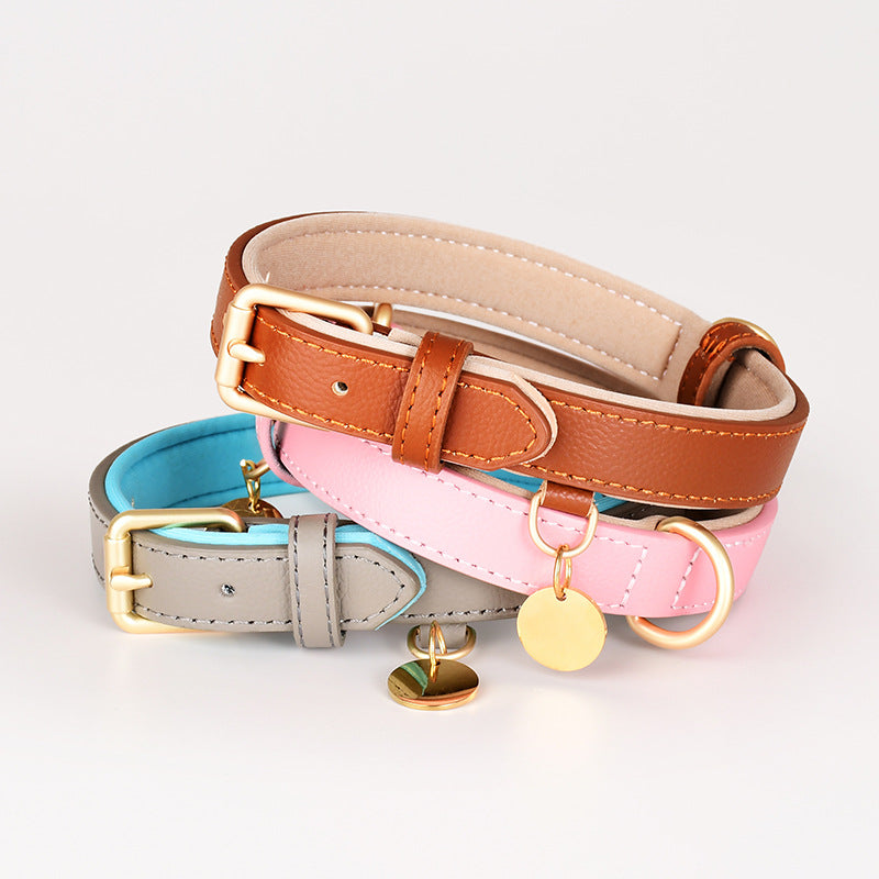 Brown leather look dog collar and lead set with metal buckle